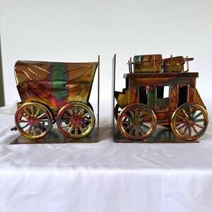 Vintage Metal Stagecoach and Wagon Bookends - Great Condition